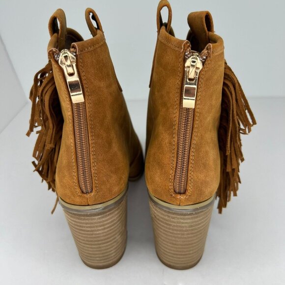 Comfort Womens Brown Fringe Faux Suede Peep Toe Block Heel Size 8 Ankle Bootie - Picture 4 of 9
